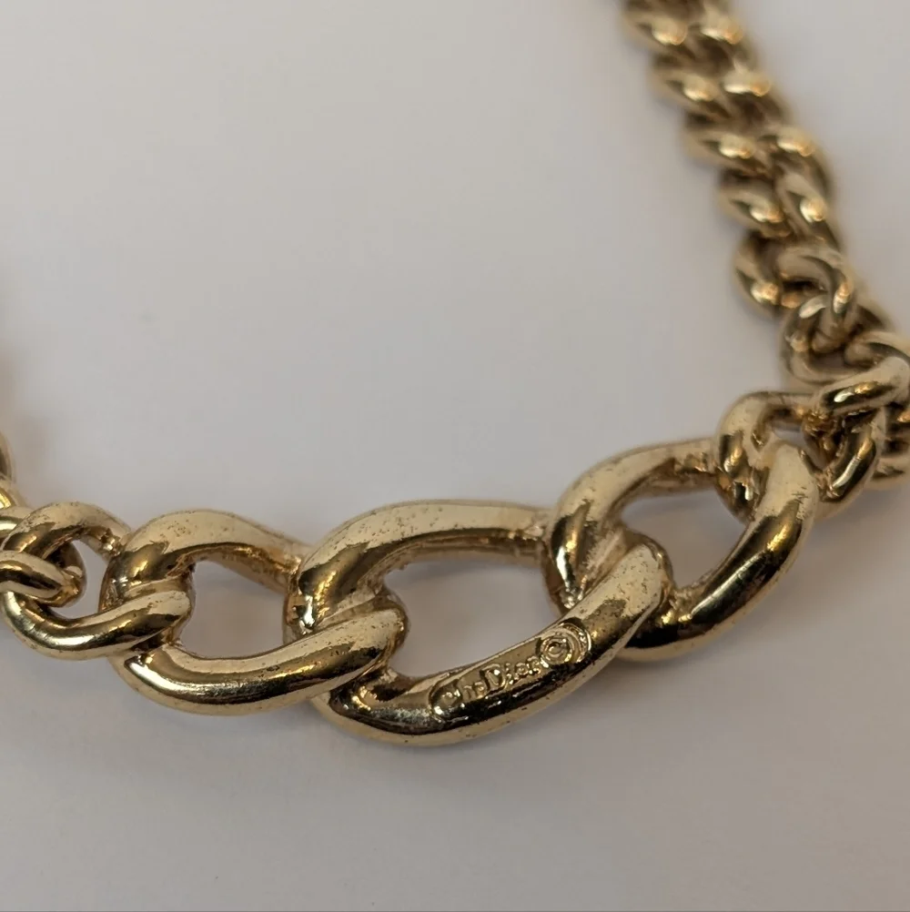 Dior Gold Tone Curb Chain Choker Necklace Pavé Crystal Links Y2K Authentic